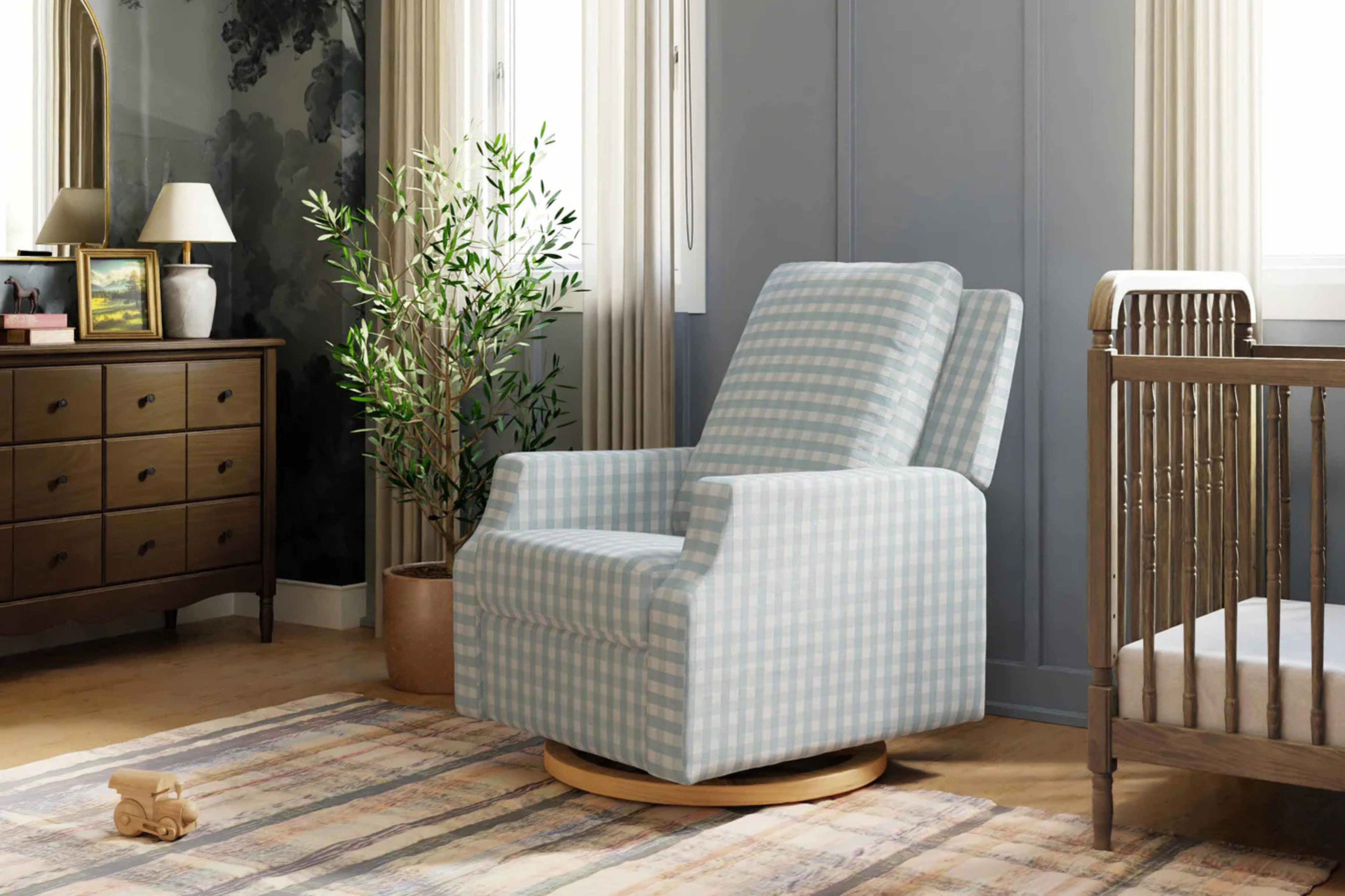 Namesake Crewe Recliner Nursing Chair in Blue Gingham #color_blue-gingham