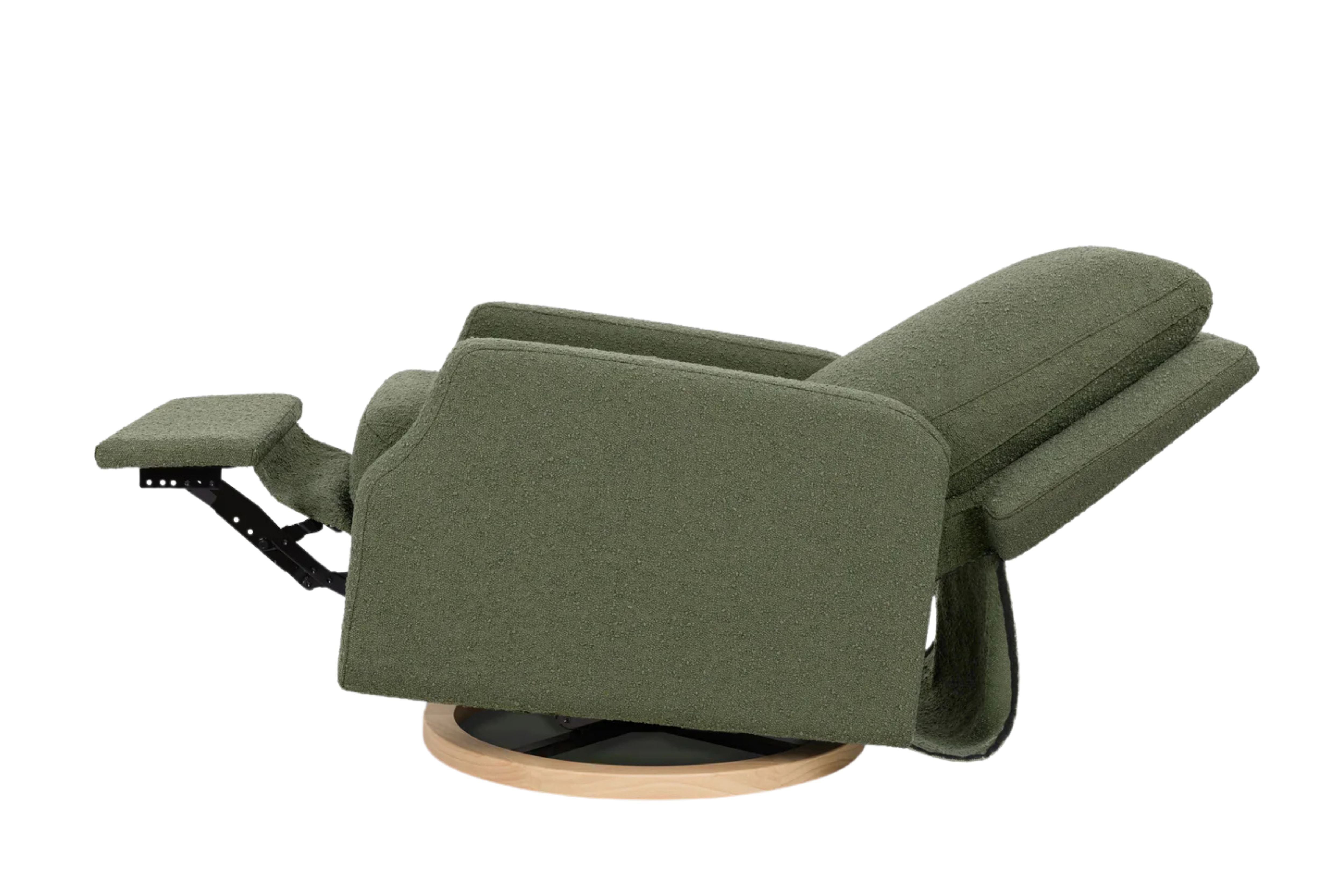 Namesake Crewe Recliner and Swivel Glider in Olive Boucle with light wood base  reclined #color_crewe-olive-boucle