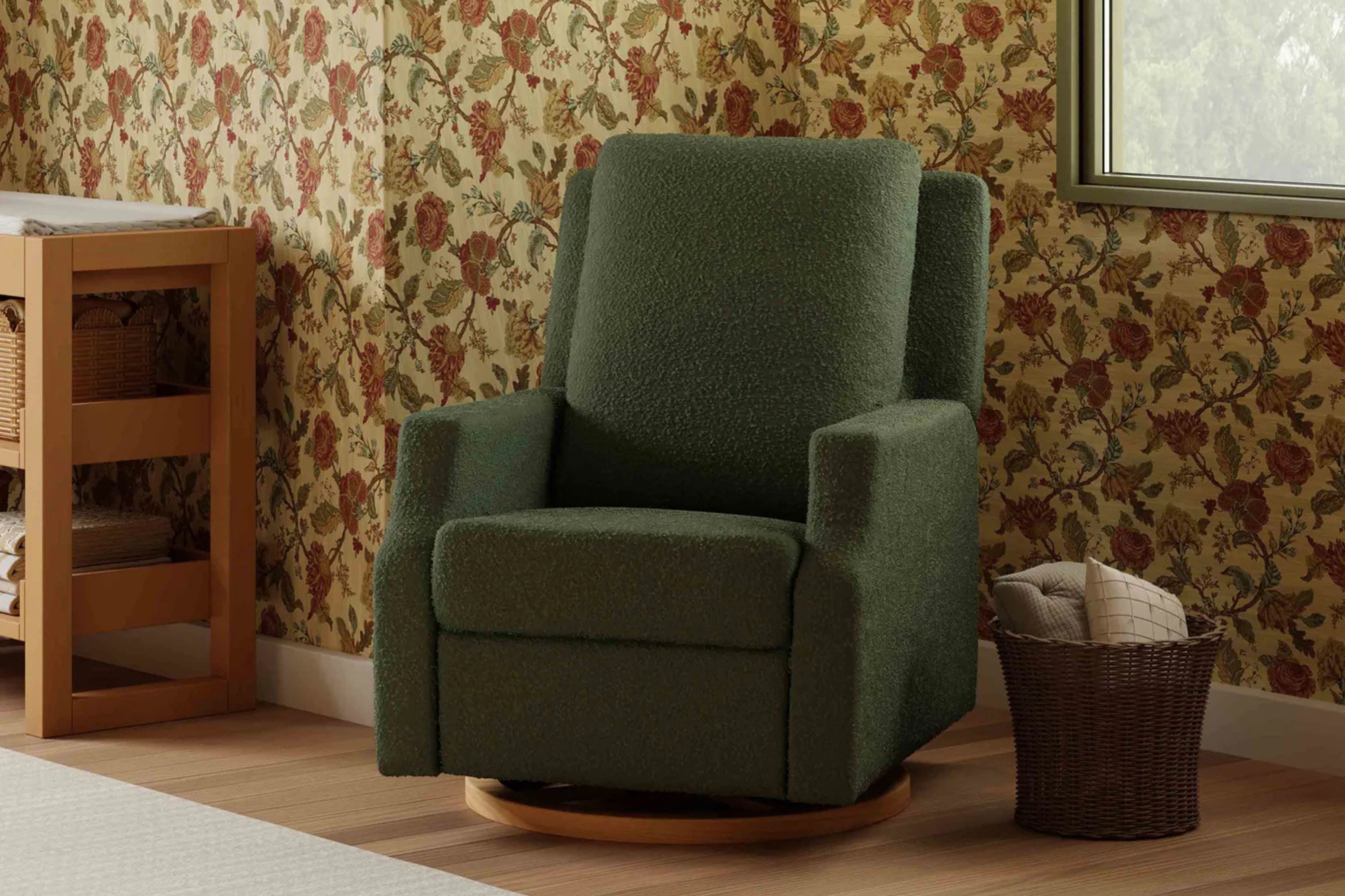 Namesake Crewe Recliner and Swivel Glider in Olive Boucle displayed in a corner of the nursery #color_crewe-olive-boucle