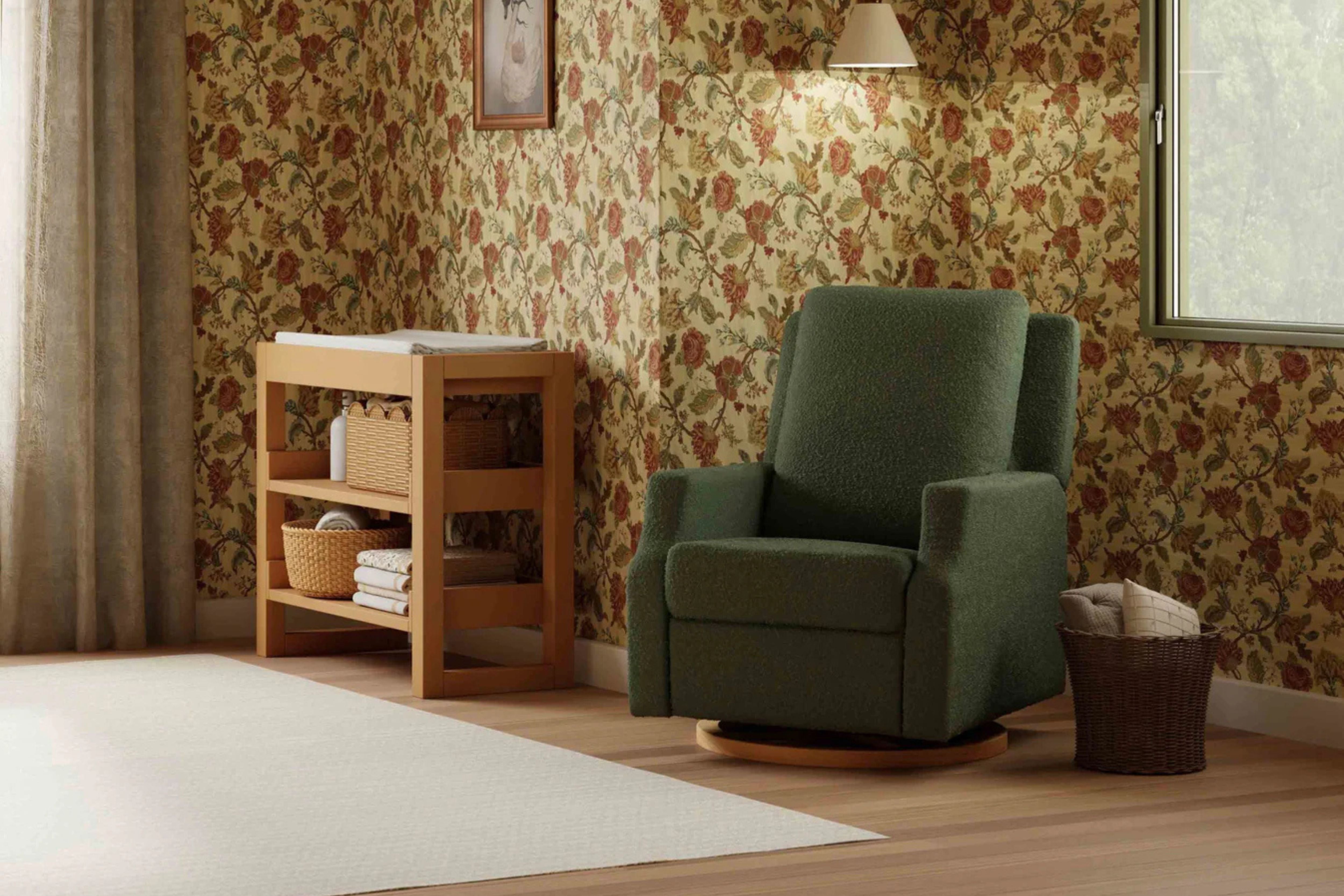 Namesake Crewe Recliner and Swivel Glider in Olive Boucle with light wood base  displayed in a cosy nursery #color_crewe-olive-boucle
