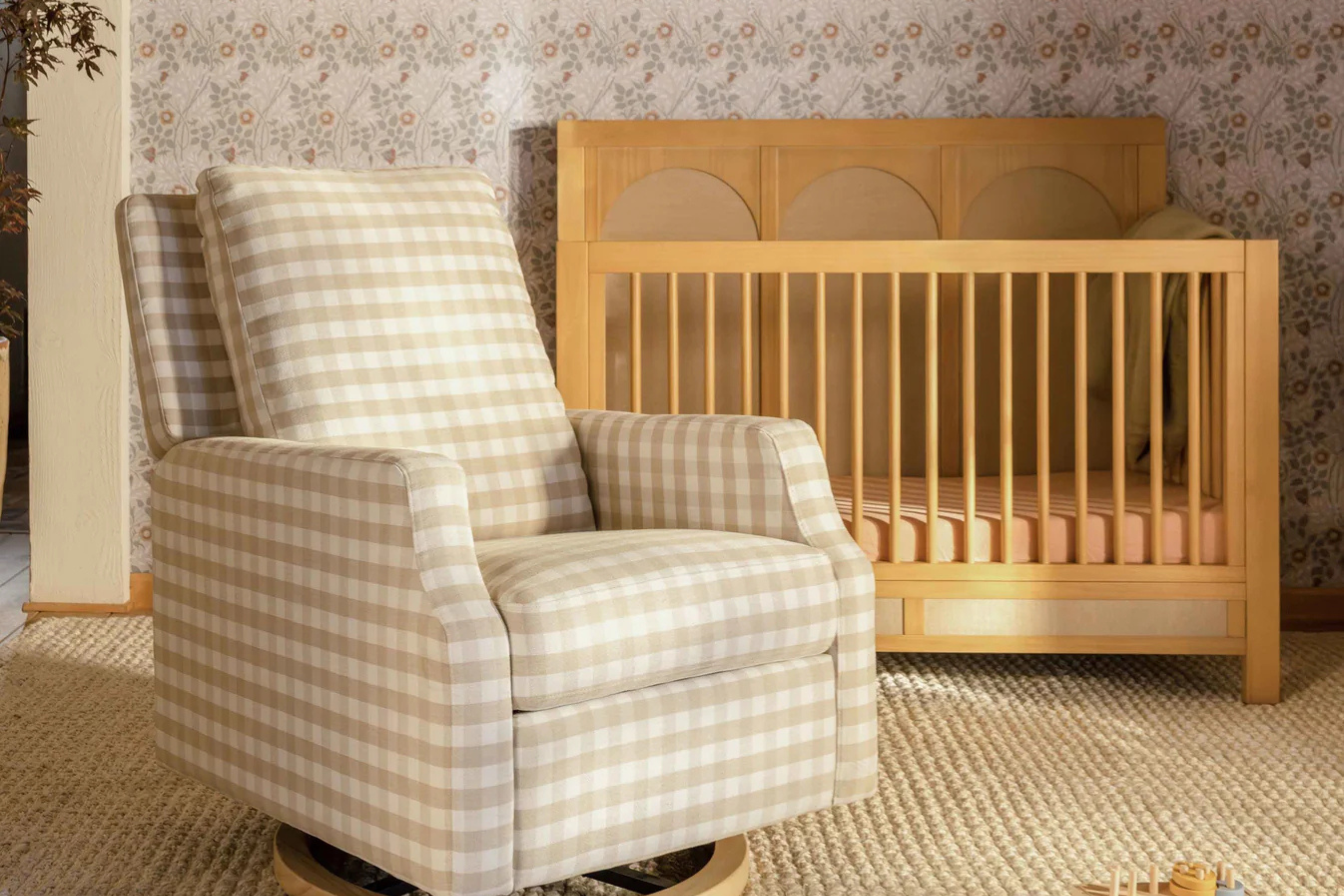 Namesake Crewe Recliner Nursing Chair in Tan Gingham with Eloise Convertible Crib #color_tan-gingham