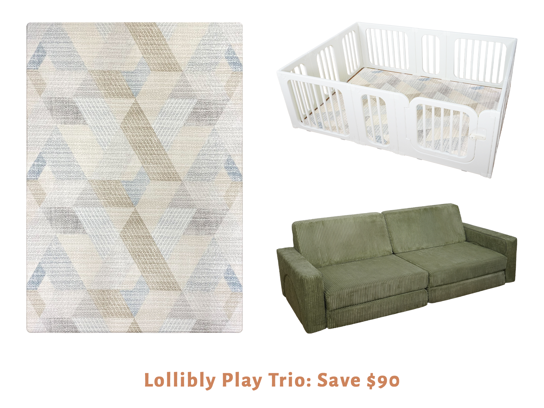 Lollibly Play Trio Bundle consisting of a Big One playmat, Meadow playpen and Wonderstack play sofa