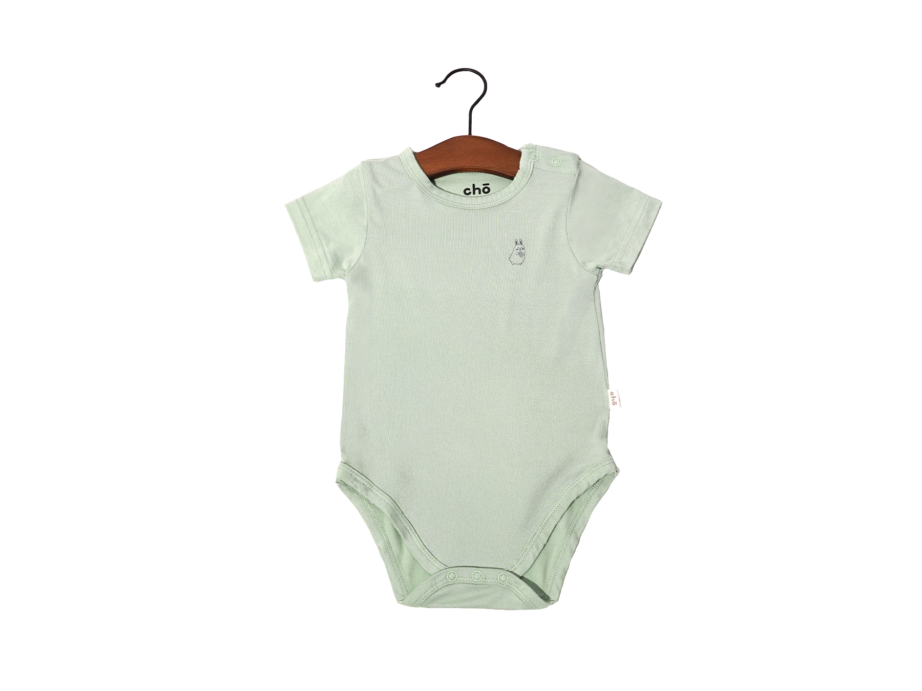 Light green sage baby onesie on a hanger