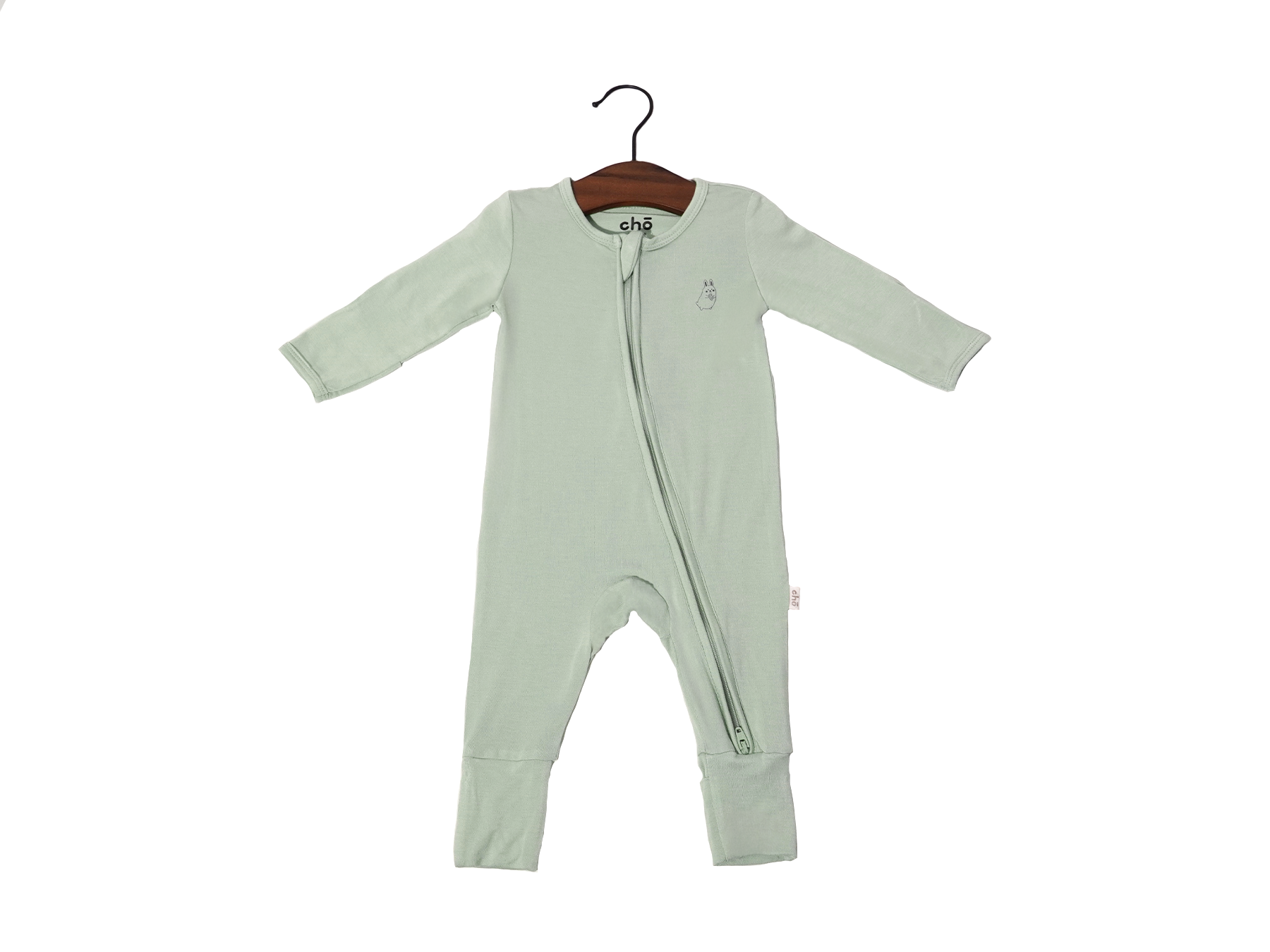Light green sage baby sleep suit on a hanger