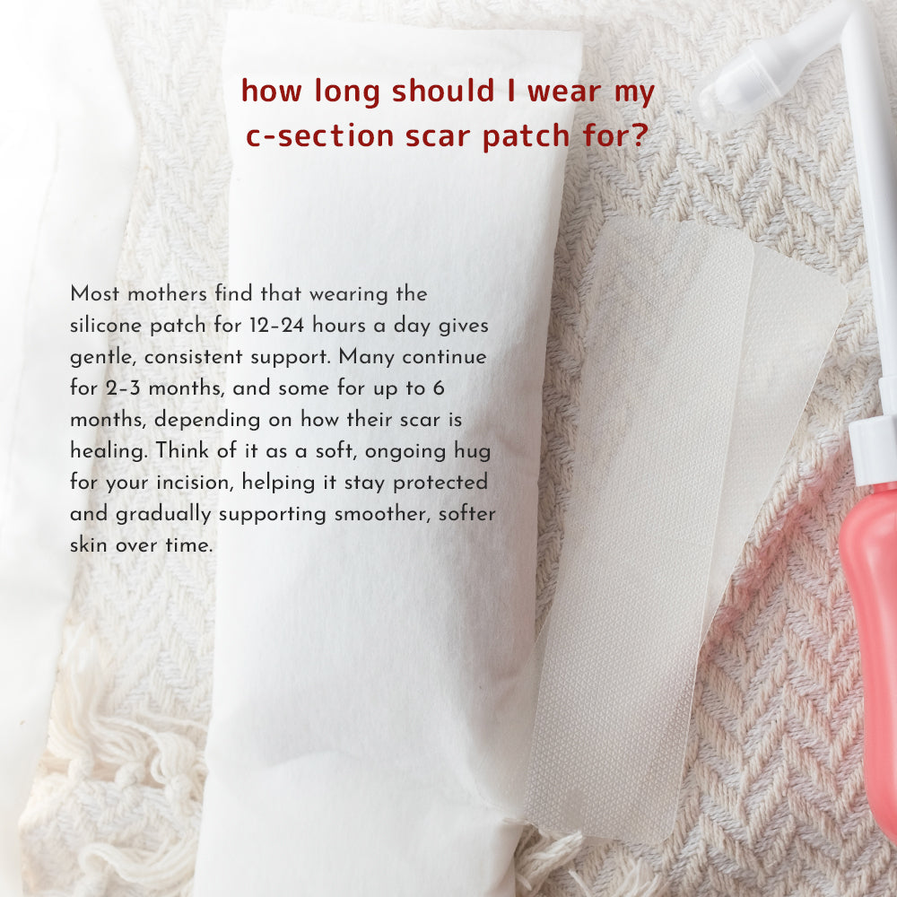 silicone scar patch FAQ graphic explaining how long to wear a C-section silicone scar patch for