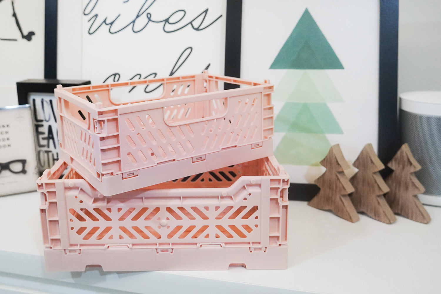 small and medium ez crate in cotton candy pink on shelf