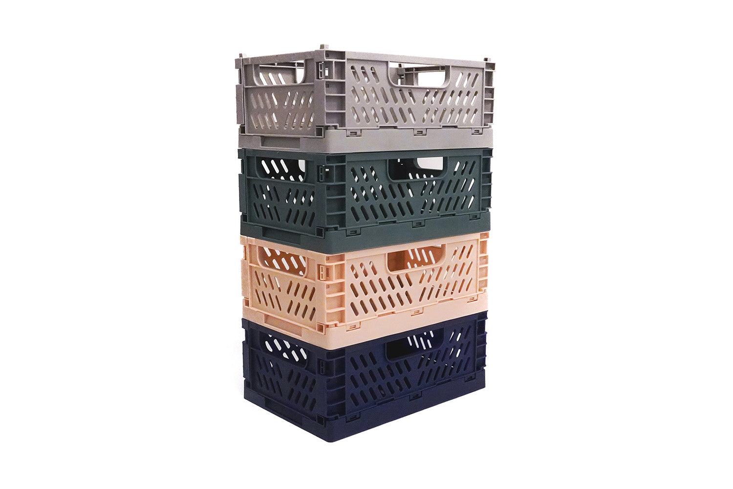 Small stackable foldable storage crates in four colours