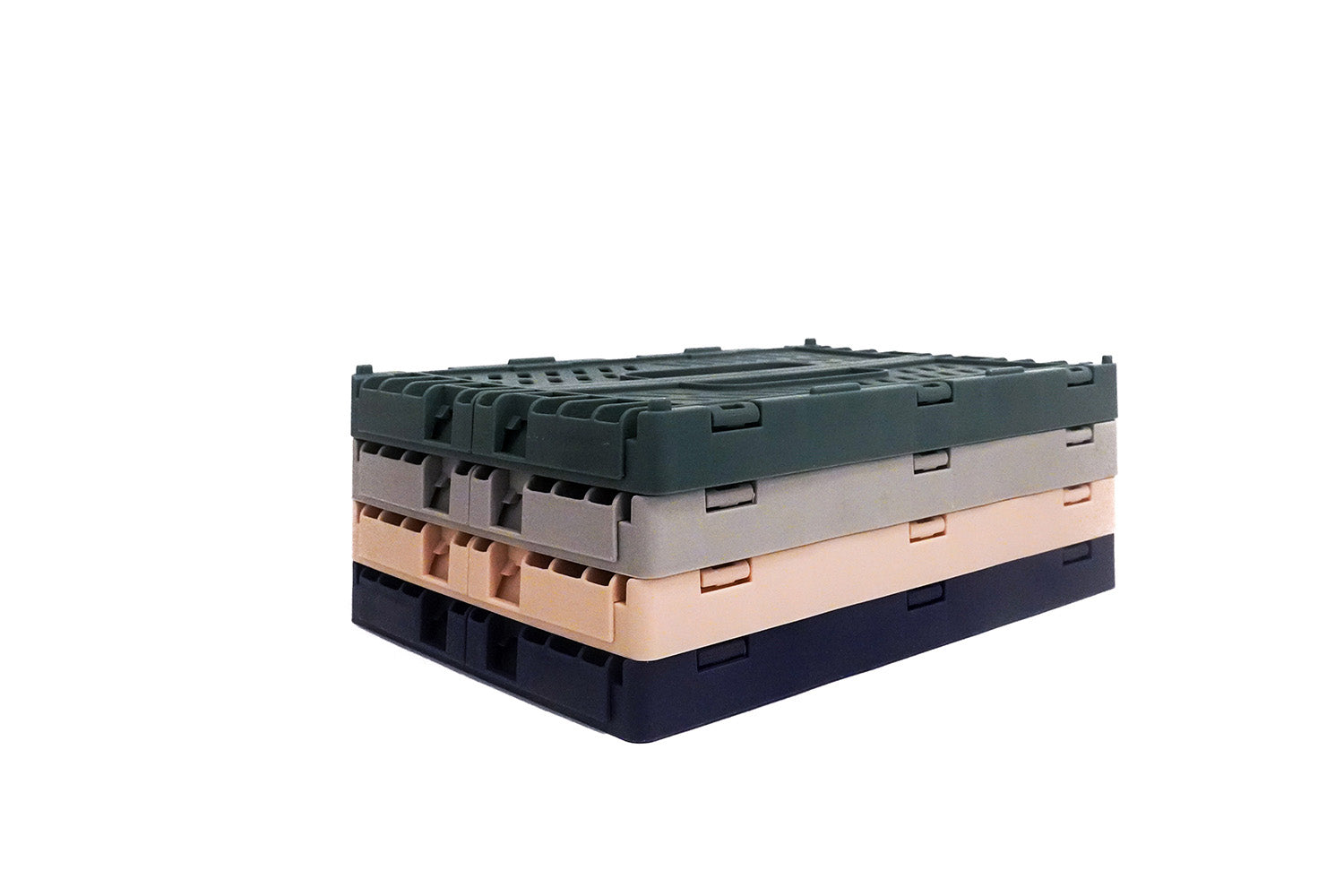 Small collapsed foldable storage crates in four colours