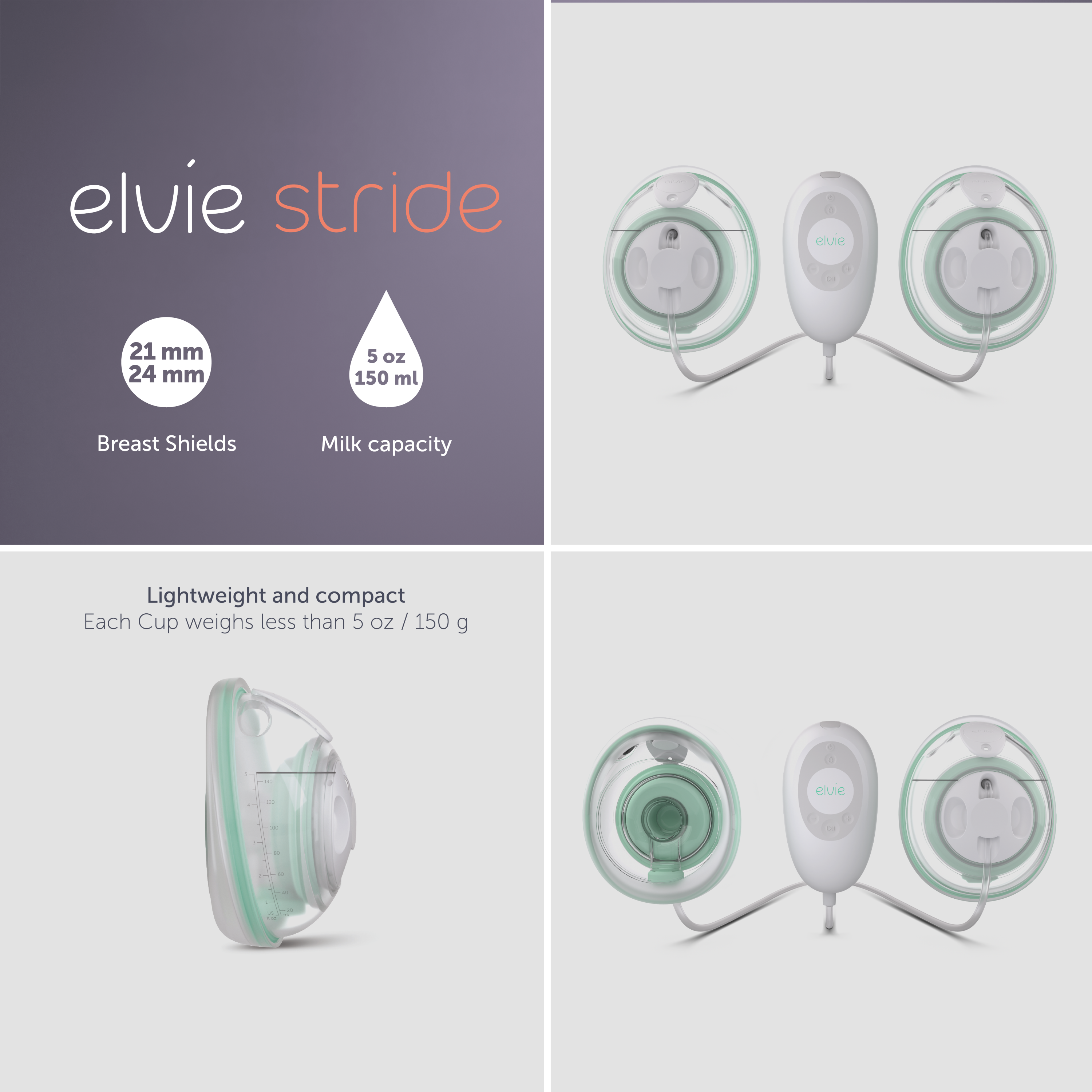 elvie stride double breast pump milk capacity and three breast shields size