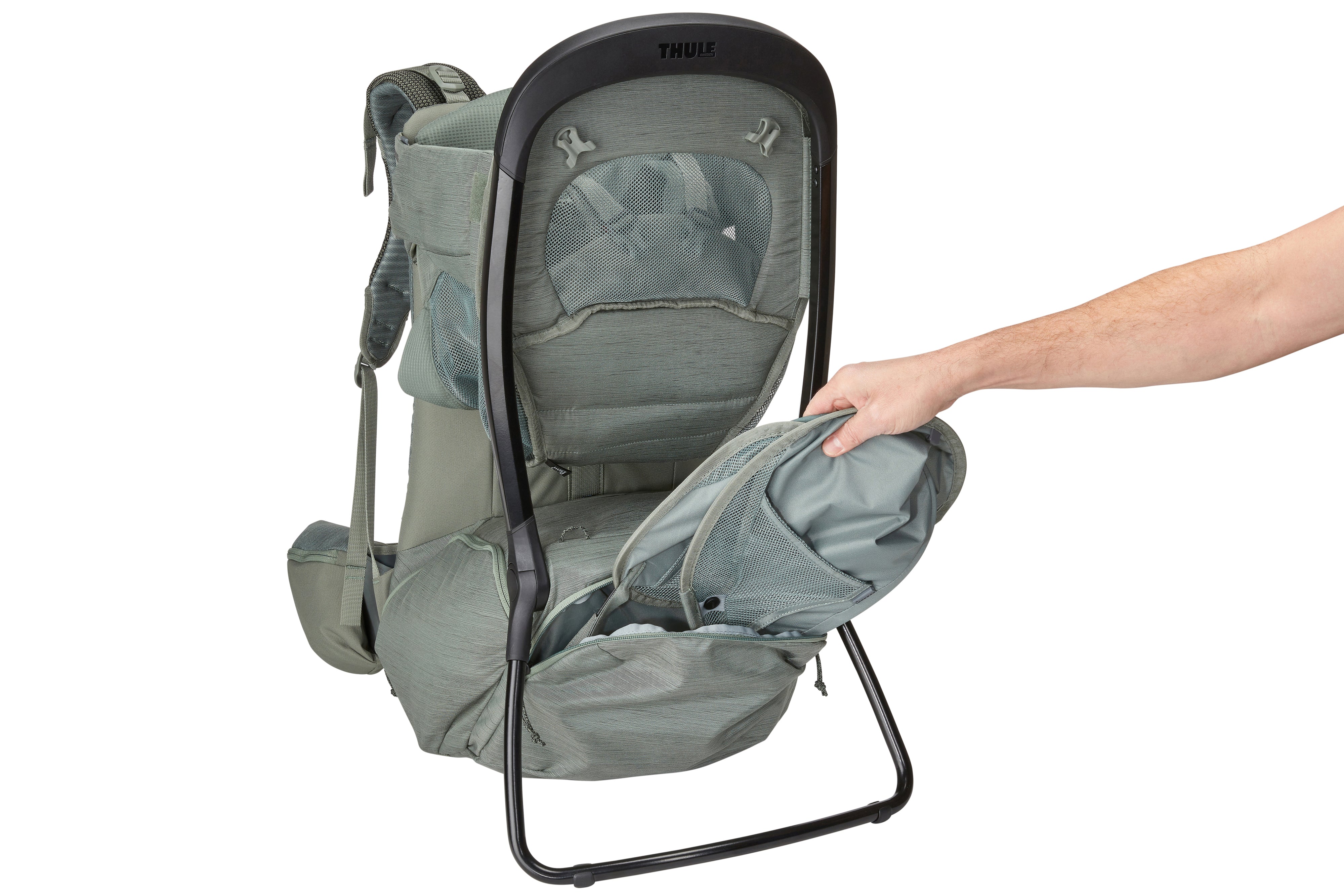 Thule Child Carrier Backpack Sapling canopy storage compartment Agave Green