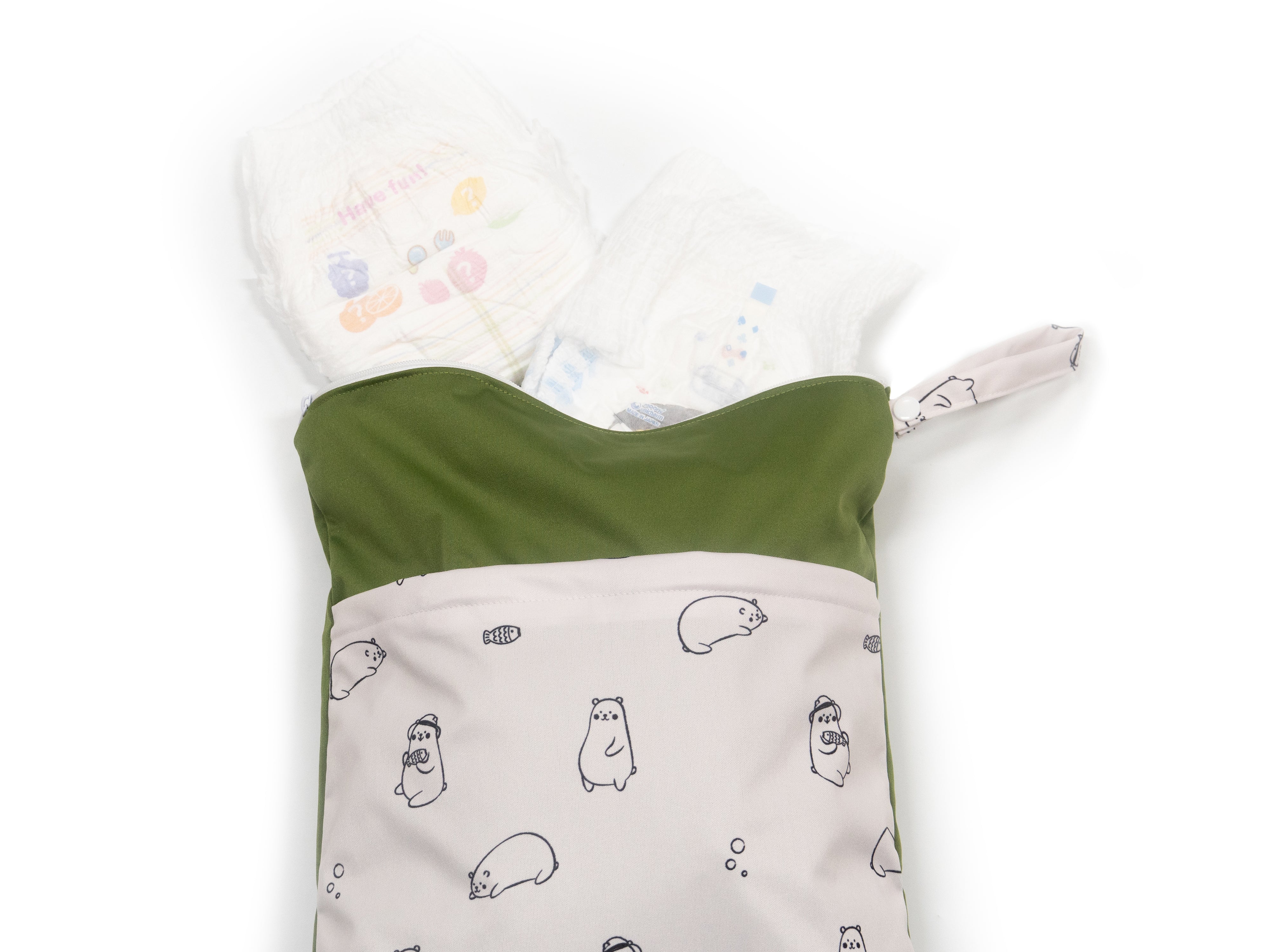 maru bear olive waterproof wet bag with diapers