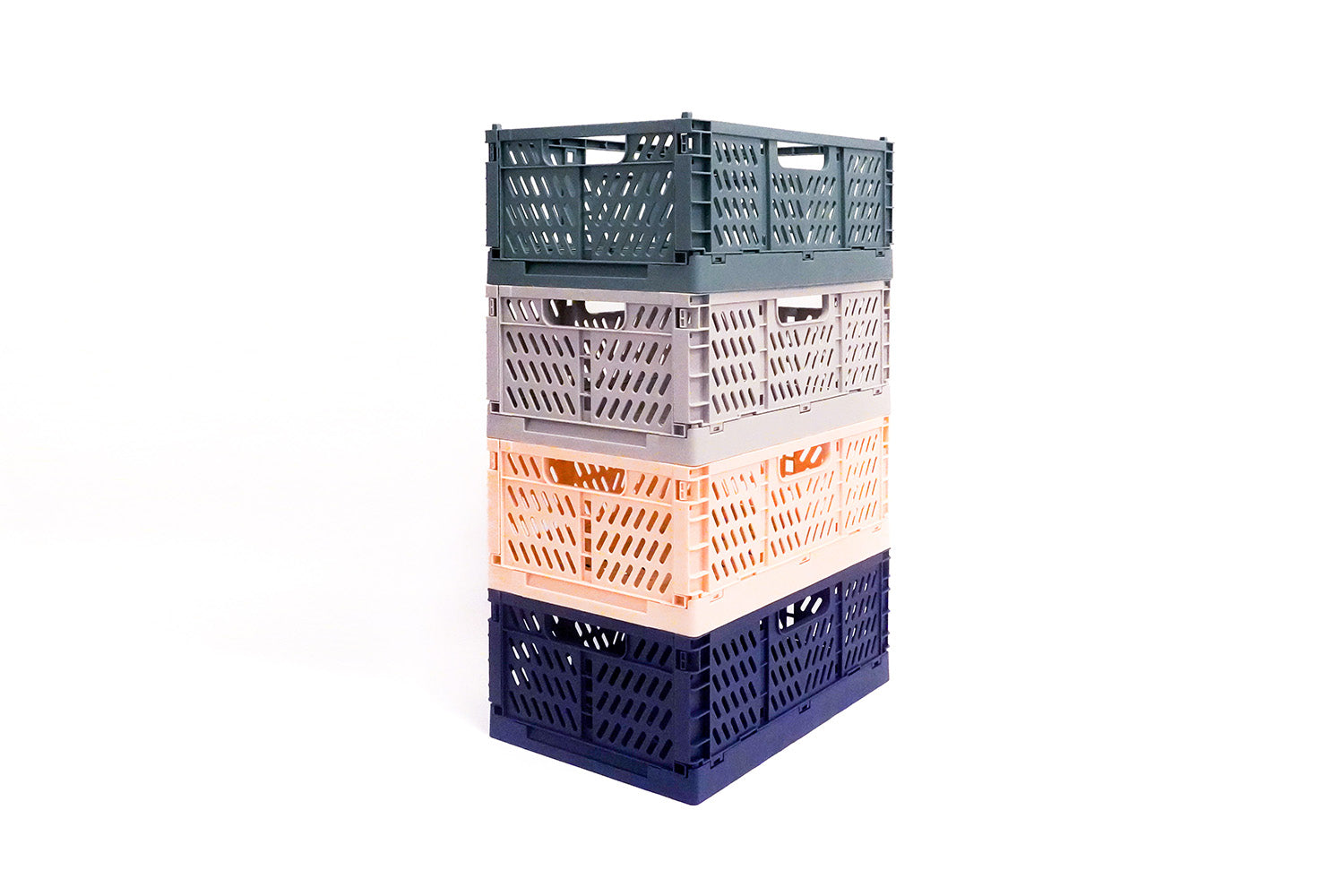 medium stackable foldable storage crates in four colours