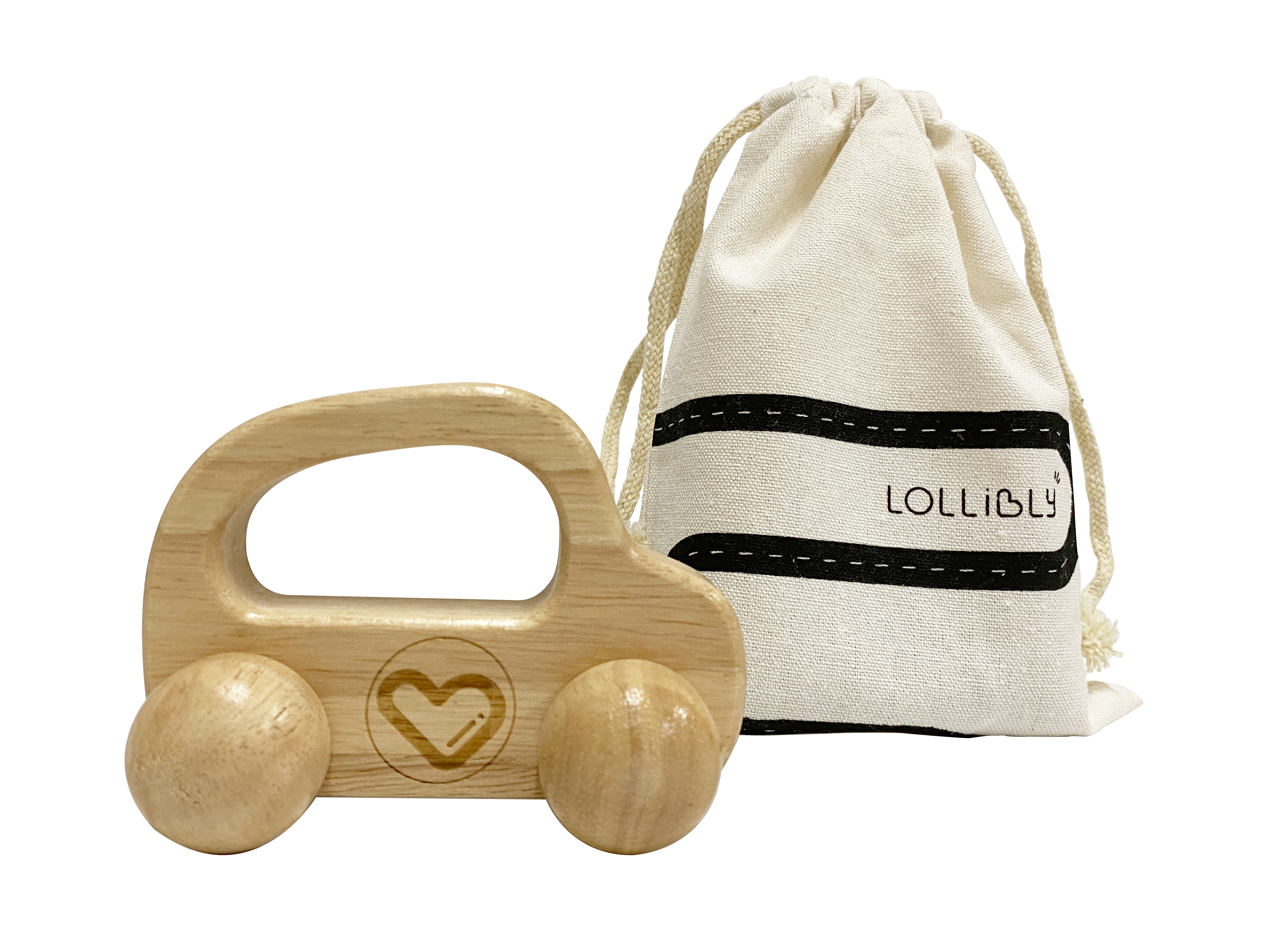 Lollibly Wooden Toy Car with Drawstring Bag