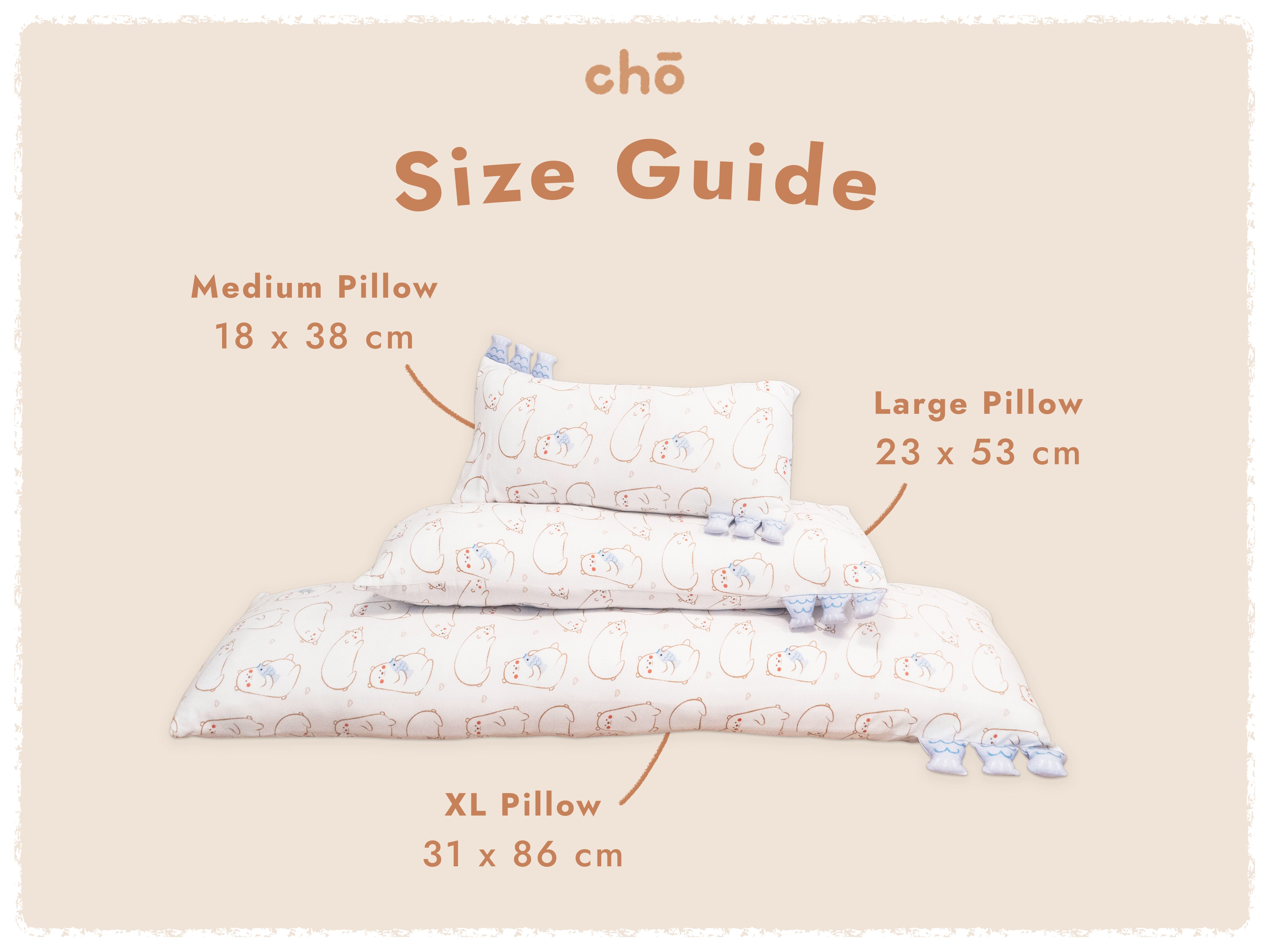 size comparison of three different sizes of cho maru bear pillows
