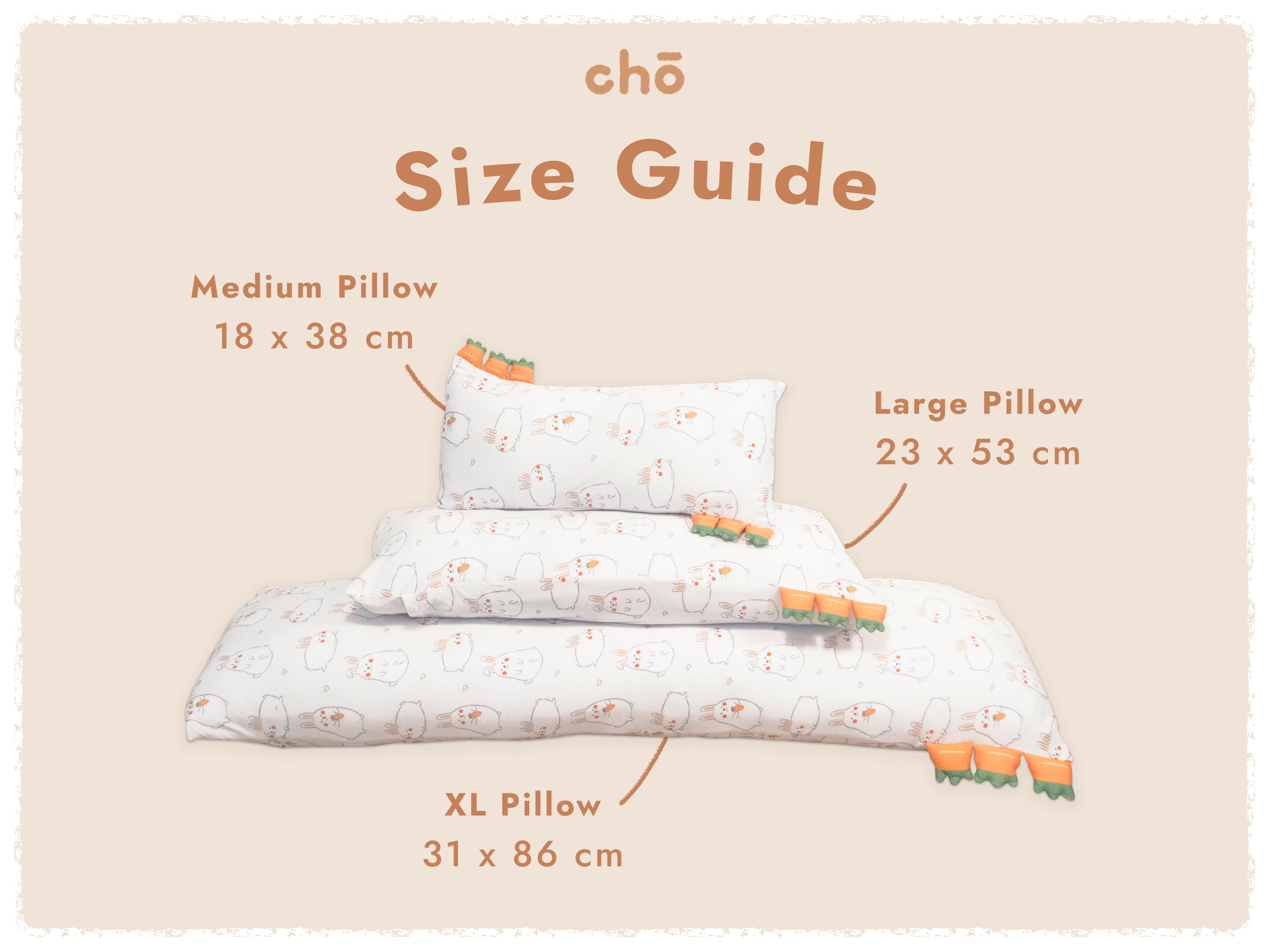 size comparison of three sizes of cho pillows momo bunny