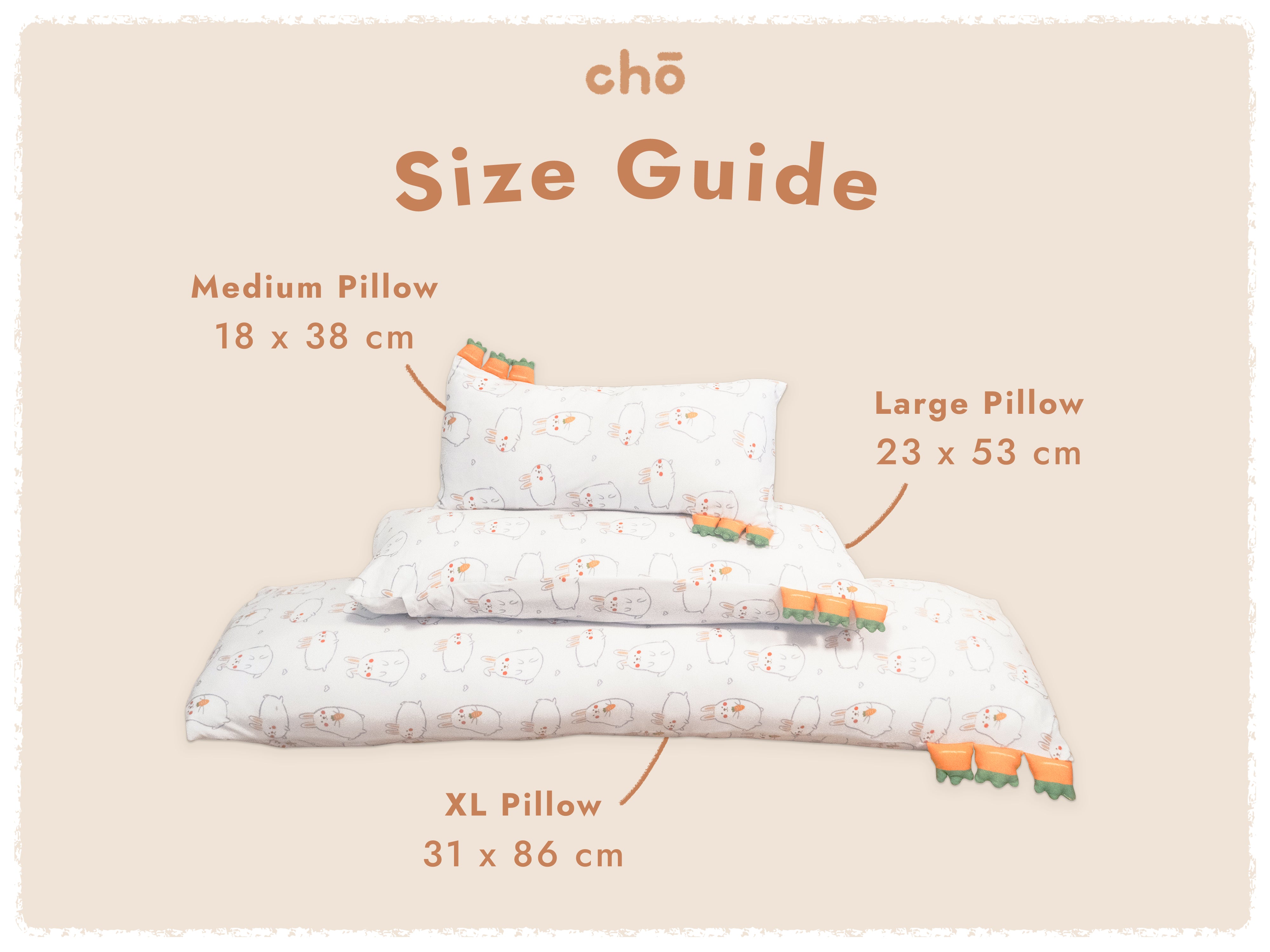 size comparison of three different sizes of cho momo bunny pillow