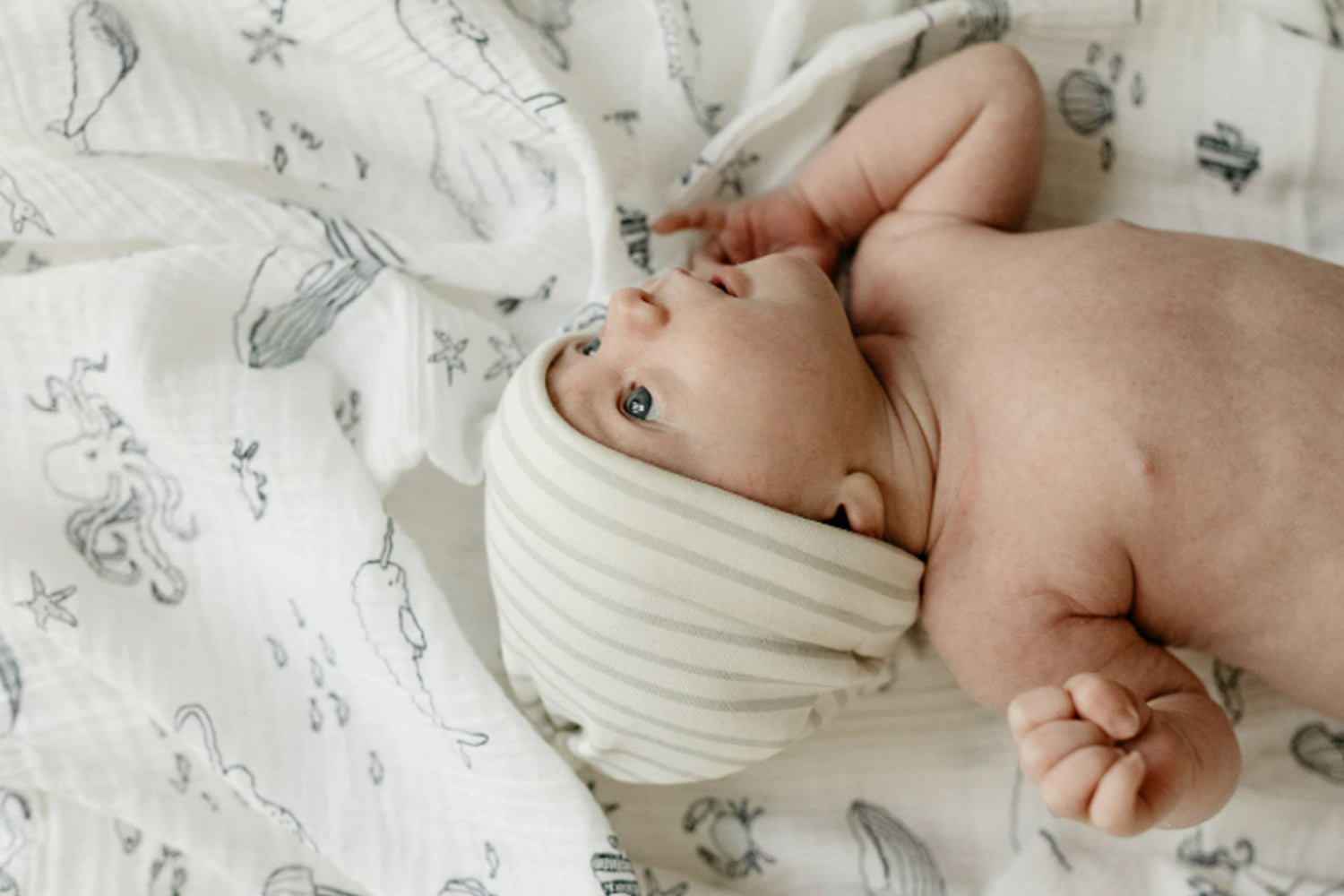 newborn baby wearing beanie and lying on pehr life aquatic swaddle