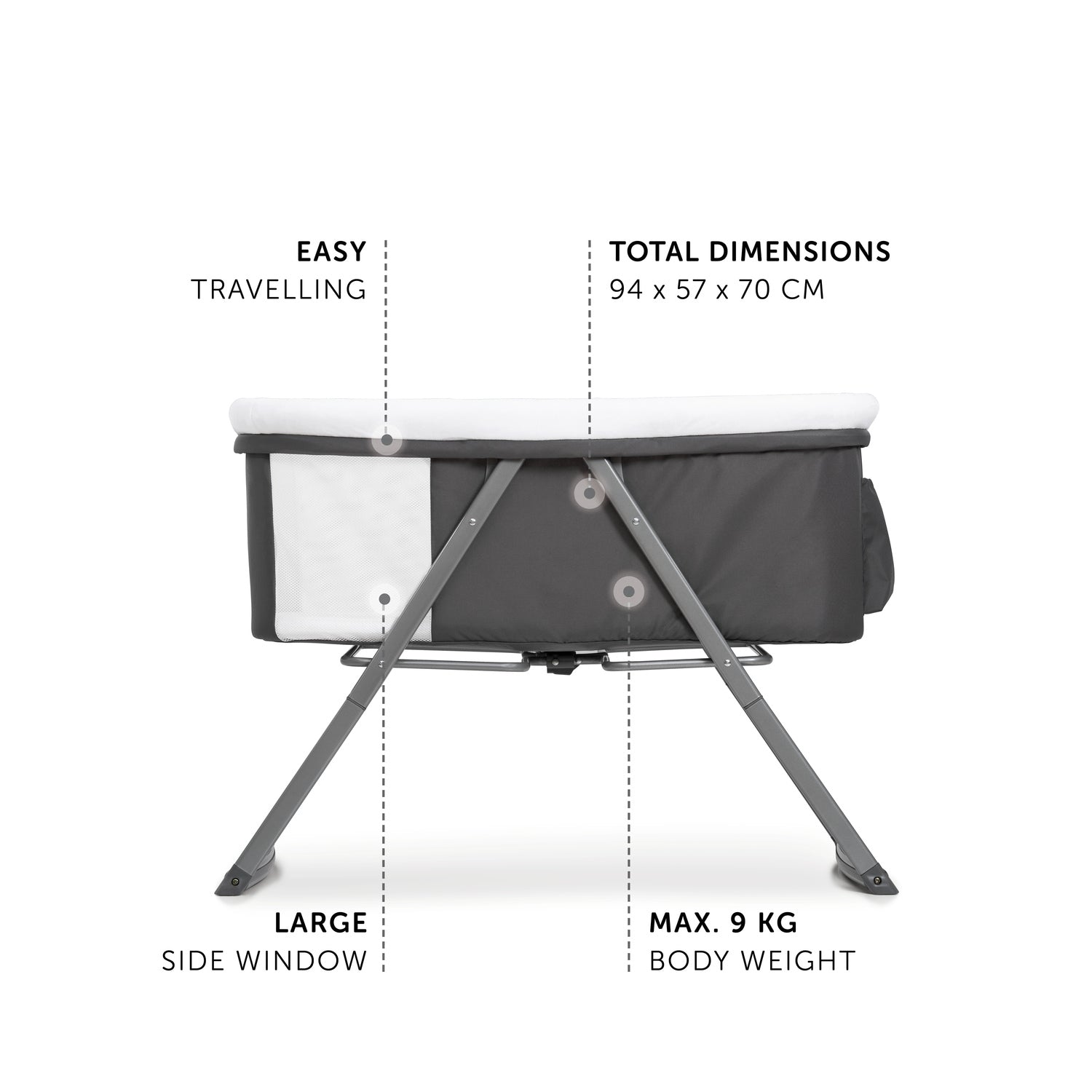 specifications of hauck dreamer bedside cot